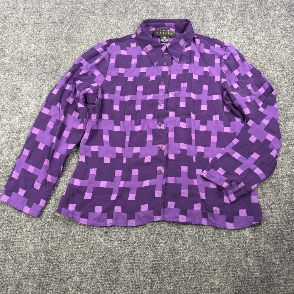 Finity Studio Purple Geometric Pixelated Cross 100% Silk Button Down Blouse 14